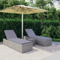 Liggestole 3 Dele Med Tebord Polyrattan – Grå