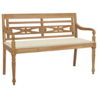 Batavia-Bænk Med Hynde Massivt Teaktræ – Creme / 120 cm