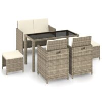 Udendørs Spisebordssæt 6 Dele Med Hynder Polyrattan – Beige