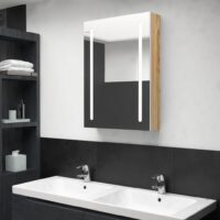 Badeværelsesskab Med Spejl + LED-Lys – hvid og egetræsfarvet / 50 x 13 x 70 cm