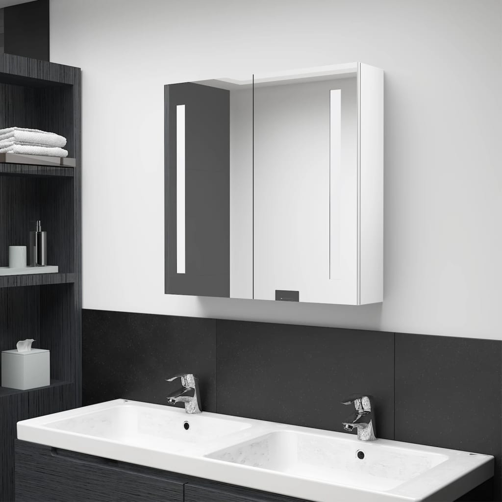 Badeværelsesskab Med Spejl + LED-Lys - Skinnende hvid / 62 x 14 x 60 cm