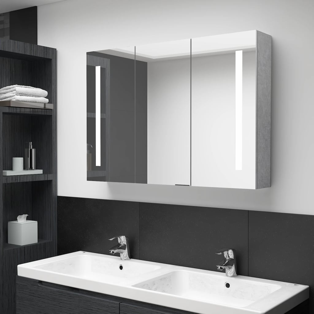 Badeværelsesskab Med Spejl + LED-Lys - Betongrå / 89 x 14 x 62 cm