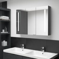 Badeværelsesskab Med Spejl + LED-Lys – Skinnende grå / 89 x 14 x 62 cm