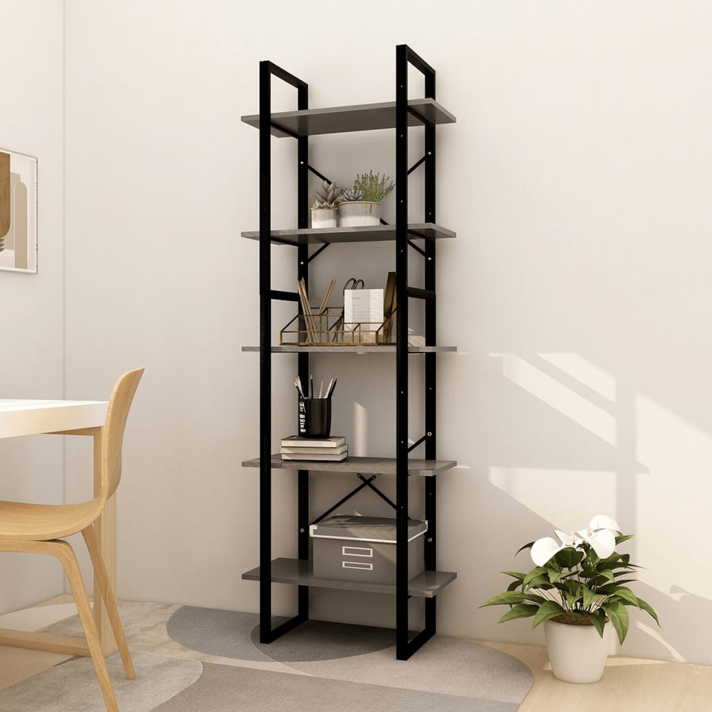 Bogreol 5 Hylder Massivt Fyrretræ - 60 cm / Grå