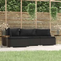 Loungesæt Til Haven 4 Dele Med Hynder Polyrattan – Sort / Hjørnedel + 2x midterdel + fodskammel