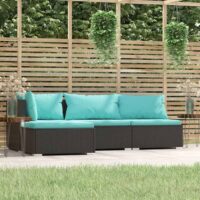 Loungesæt Til Haven 4 Dele Med Hynder Polyrattan – Sort og aquablå / Hjørnedel + 2x midterdel + fodskammel