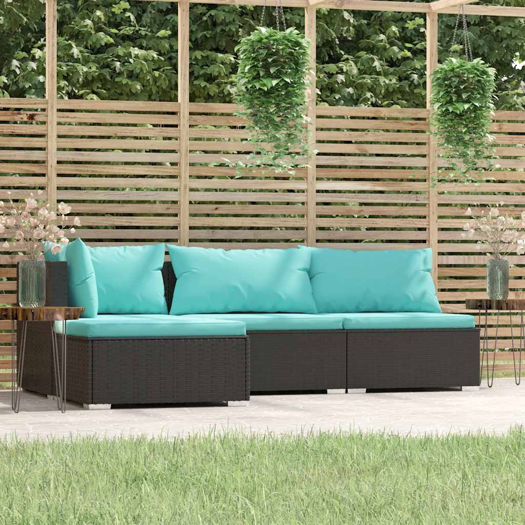 Loungesæt Til Haven 4 Dele Med Hynder Polyrattan - Sort og aquablå / Hjørnedel + 2x midterdel + fodskammel