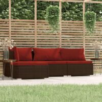 Loungesæt Til Haven 4 Dele Med Hynder Polyrattan – Brun og kanelfarvet / Hjørnedel + 2x midterdel + fodskammel