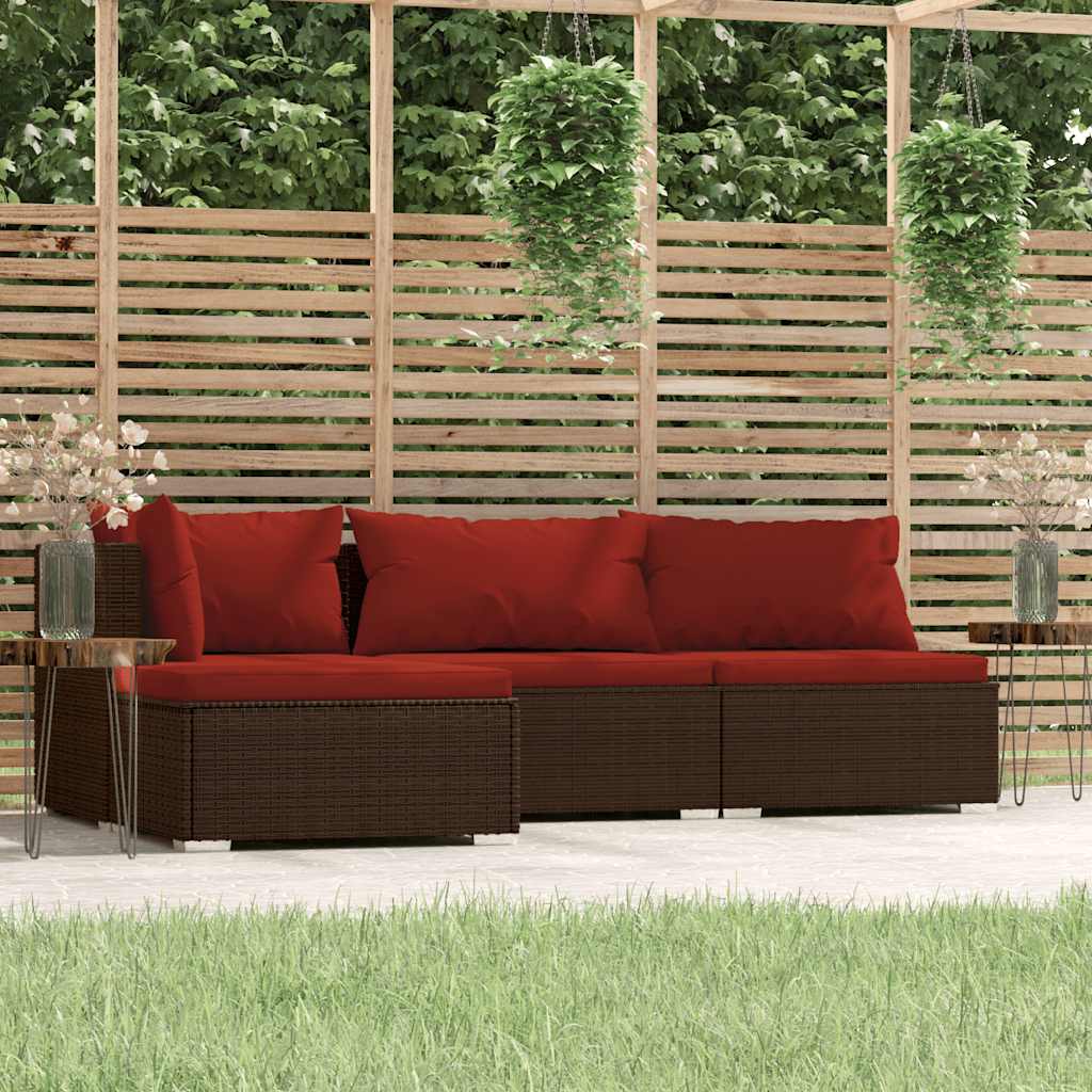 Loungesæt Til Haven 4 Dele Med Hynder Polyrattan - Brun og kanelfarvet / Hjørnedel + 2x midterdel + fodskammel