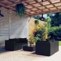 Loungesæt Til Haven 5 Dele Med Hynder Polyrattan – Sort / 4x hjørnedel bord