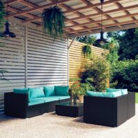 Loungesæt Til Haven 5 Dele Med Hynder Polyrattan – Sort og blå / 4x hjørnedel midterdel bord