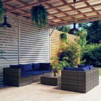 Loungesæt Til Haven 5 Dele Med Hynder Polyrattan – Grå og mørkeblå / 4x hjørnedel midterdel bord