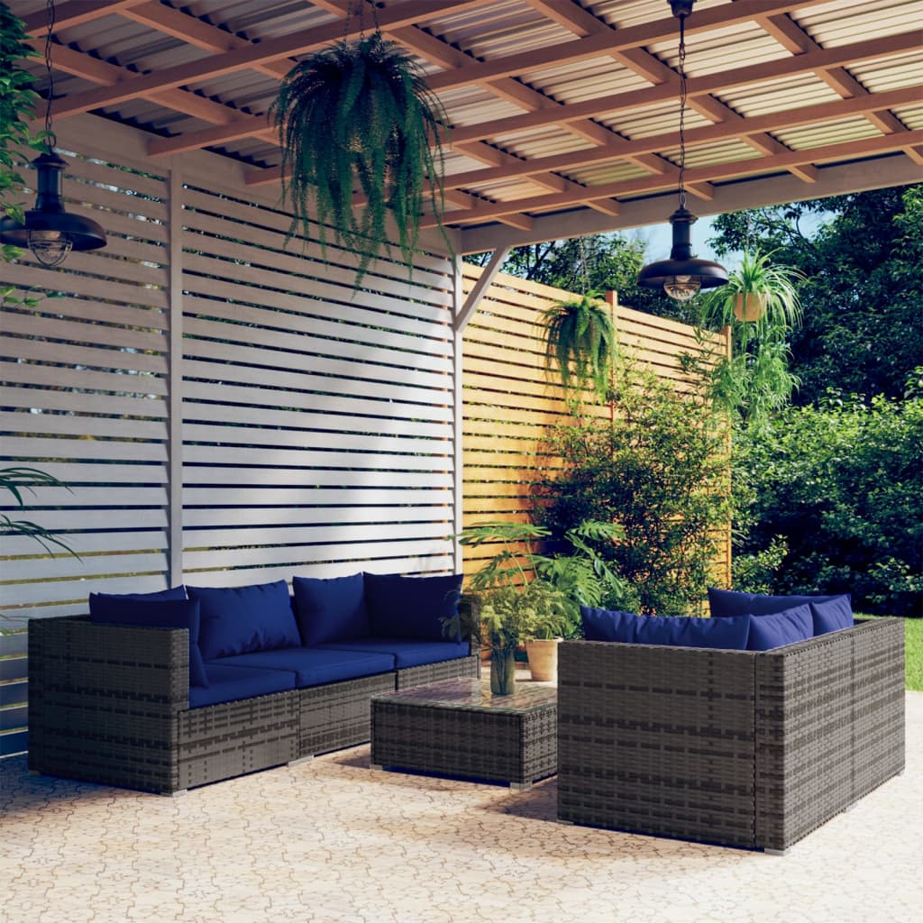 Loungesæt Til Haven 5 Dele Med Hynder Polyrattan - Grå og mørkeblå / 4x hjørnedel midterdel bord