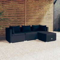 Loungesæt Til Haven 4 Dele Med Hynder Polyrattan – Sort / 2X hjørnedel + midterdel + fodskammel