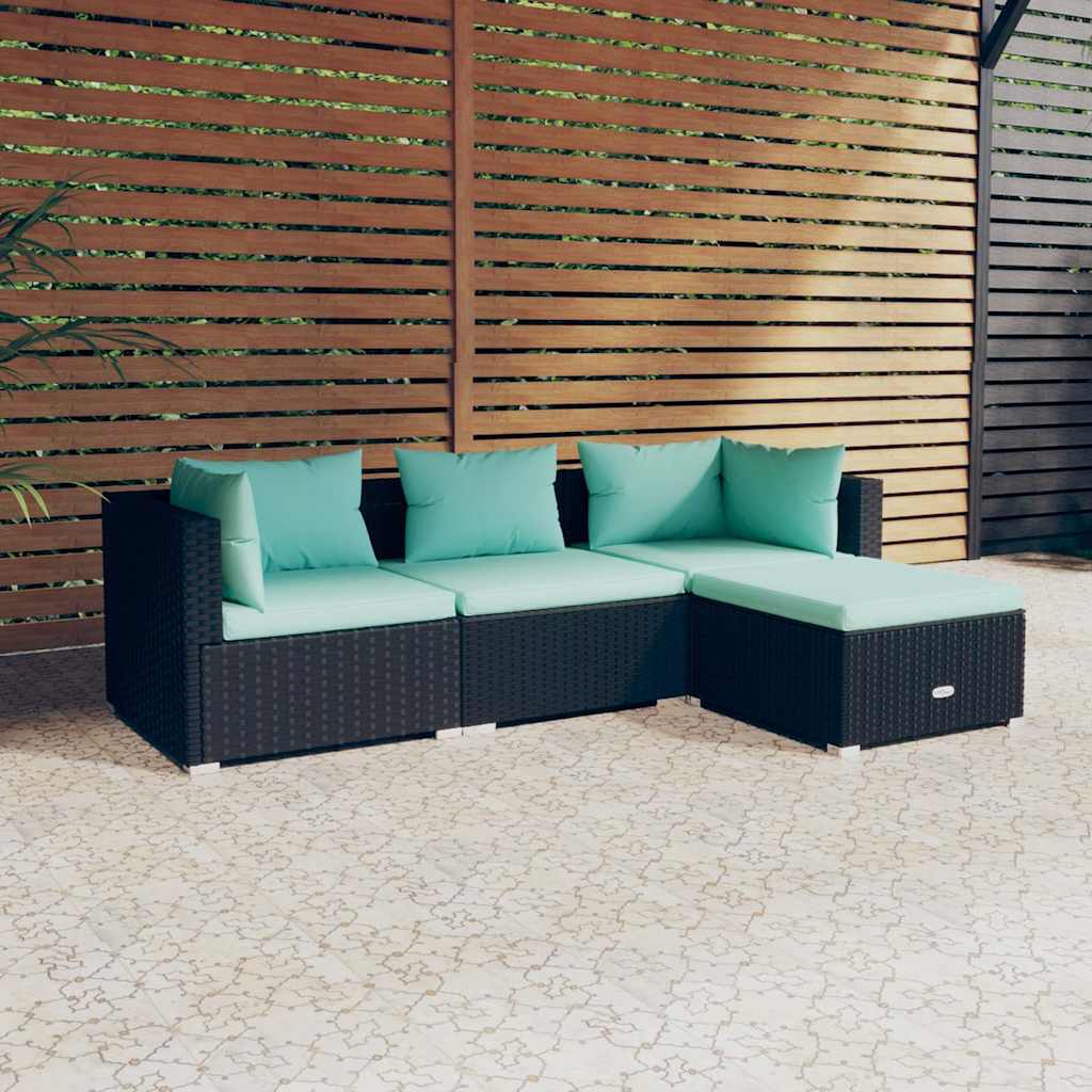 Loungesæt Til Haven 4 Dele Med Hynder Polyrattan - Sort og aquablå / 2X hjørnedel + midterdel + fodskammel