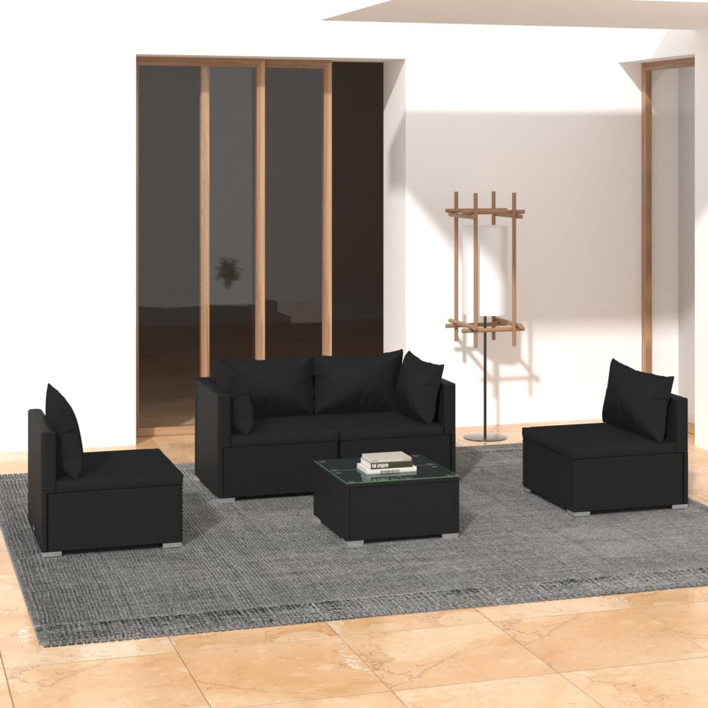 Loungesæt Til Haven 4 Dele Med Hynder Polyrattan Sort - 2x hjørnedel 2x midterdel bord