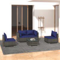 Loungesæt Til Haven 4 Dele Med Hynder Polyrattan Grå Grå Og Mørkeblå – 2x hjørnedel 2x midterdel bord