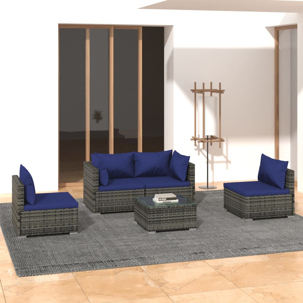 Loungesæt Til Haven 4 Dele Med Hynder Polyrattan Grå Grå Og Mørkeblå - 2x hjørnedel 2x midterdel bord