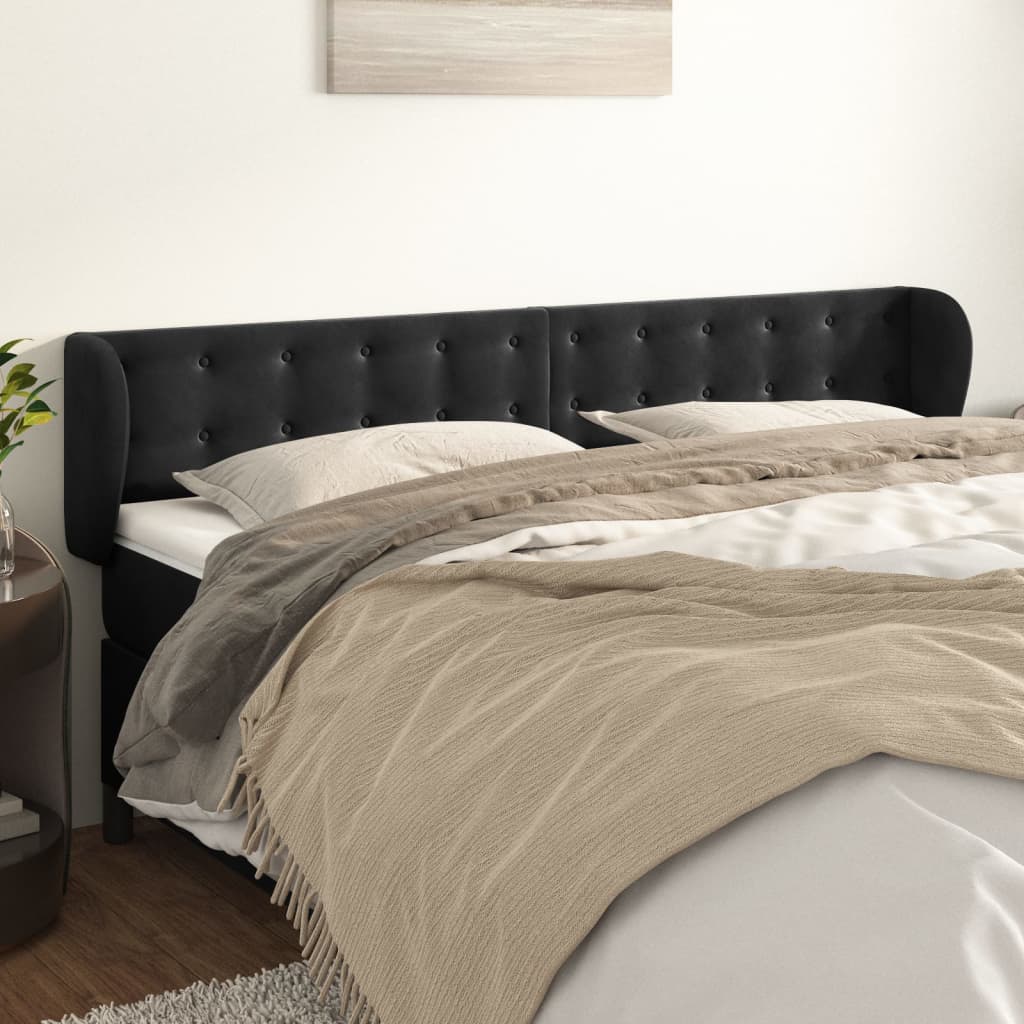Sengegavl Med Kanter Fløjl - Sort / 203 x 23 x 78/88 cm