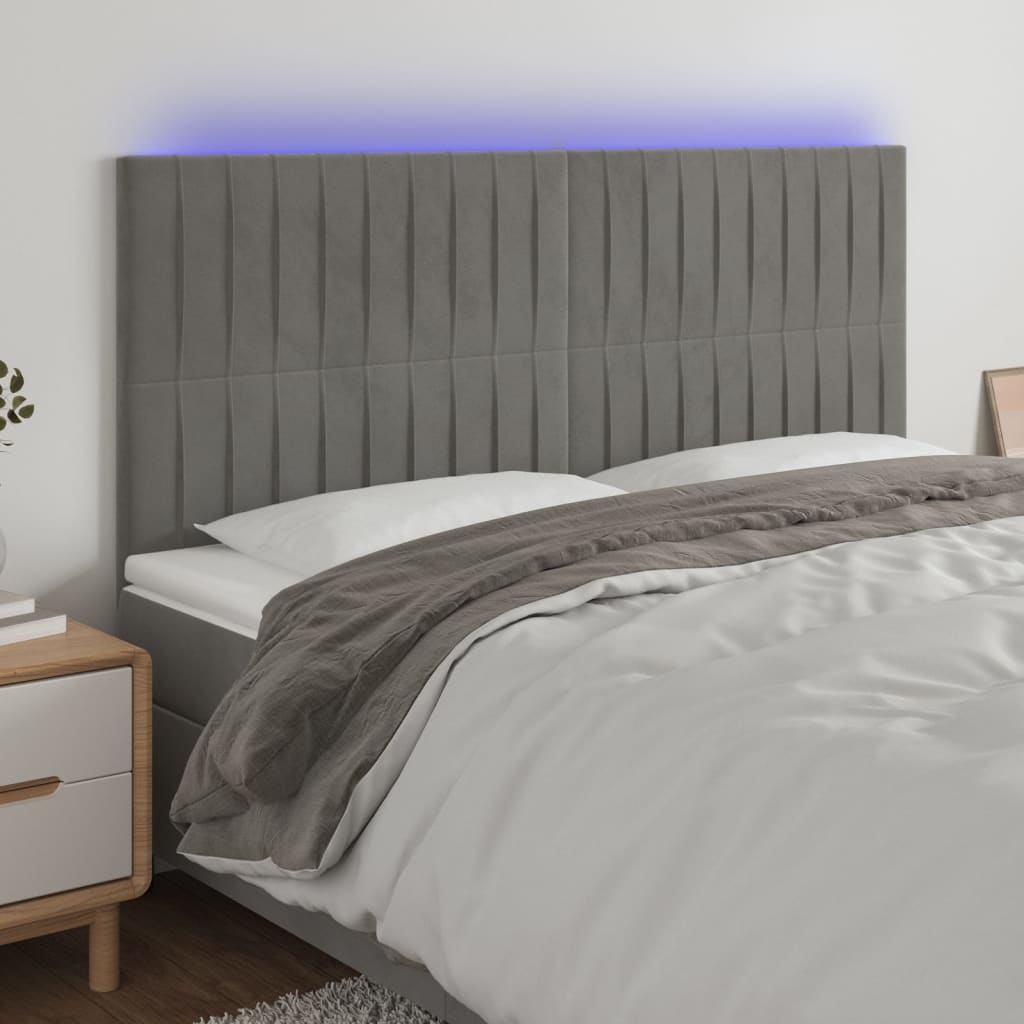Sengegavl Med LED-Lys Velour - Lysegrå / 200 x 5 x 118/128 cm