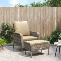 Havestol Med Fodskammel Polyrattan - Lysebrun