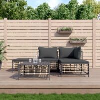 Loungesæt Til Haven 4 Dele Med Hynder Polyrattan – Mørkegrå / hjørnedel midterdel 2x fodskammel bord