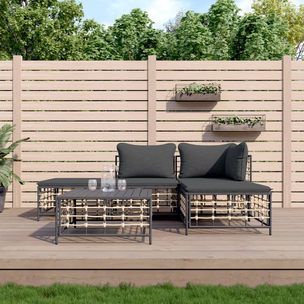 Loungesæt Til Haven 4 Dele Med Hynder Polyrattan - Mørkegrå / hjørnedel midterdel 2x fodskammel bord