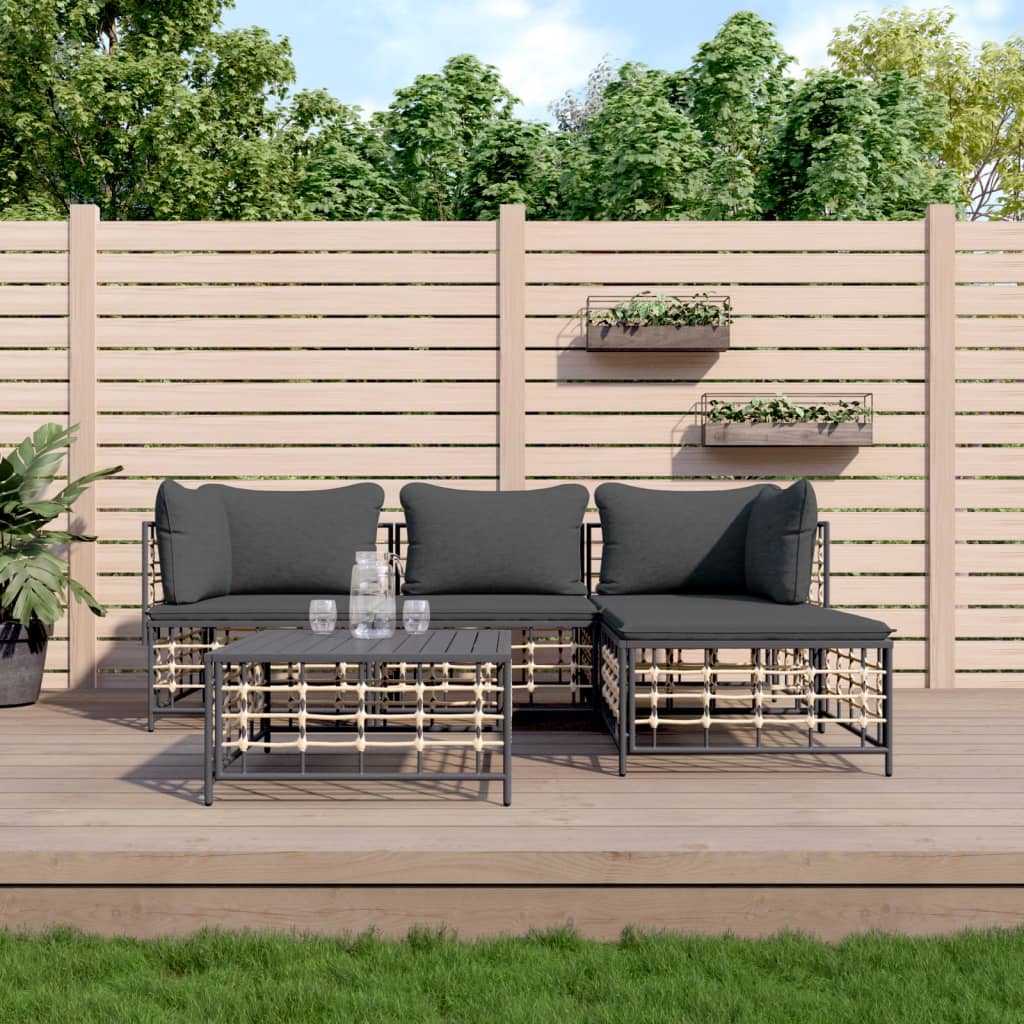 Loungesæt Til Haven 4 Dele Med Hynder Polyrattan - Mørkegrå / 2x hjørnedel midterdel fodskammel bord