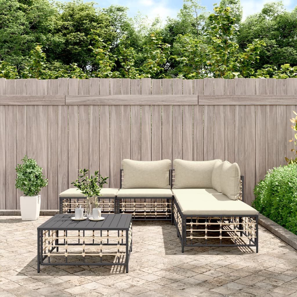 Loungesæt Til Haven 4 Dele Med Hynder Polyrattan - Beige / hjørnedel 2x midterdel 2x fodskammel bord