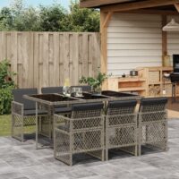 Spisebordssæt Til Haven 9 Dele Med Hynder Polyrattan – 6 / Grå / Glas