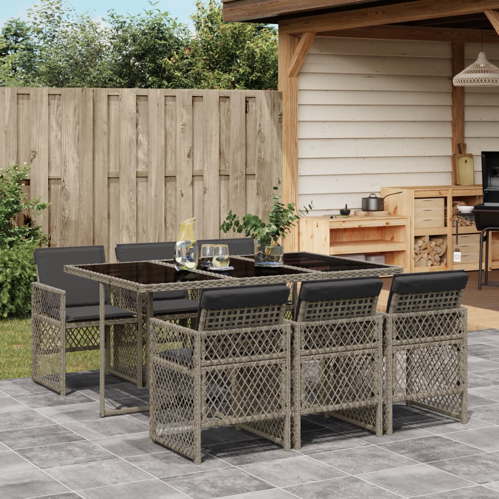 Spisebordssæt Til Haven 9 Dele Med Hynder Polyrattan - 6 / Grå / Glas