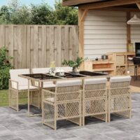 Spisebordssæt Til Haven 9 Dele Med Hynder Polyrattan – 6 / beige og cremefarvet / Glas