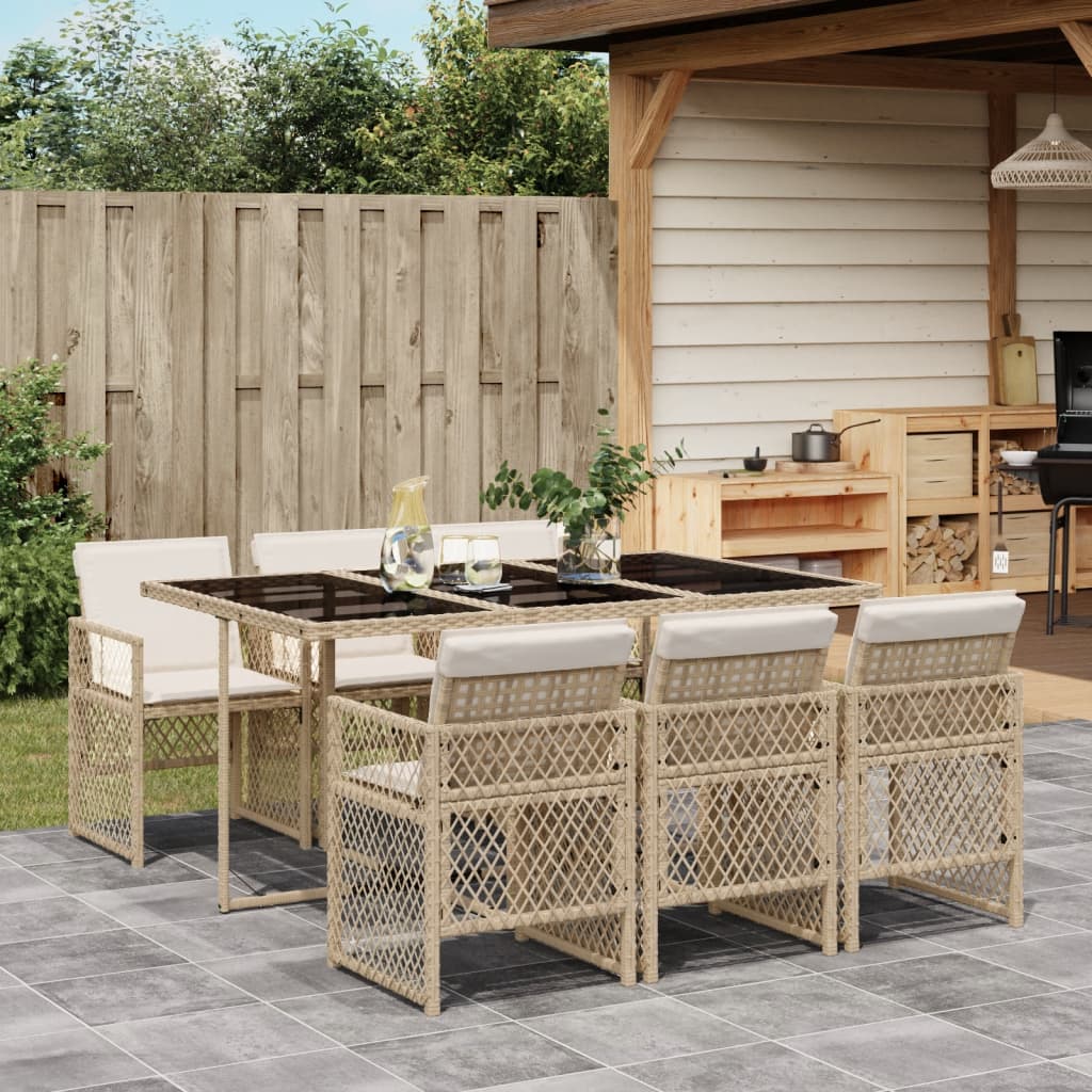 Spisebordssæt Til Haven 9 Dele Med Hynder Polyrattan - 6 / beige og cremefarvet / Glas