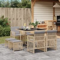 Spisebordssæt Til Haven 17 Dele Med Hynder Polyrattan – 8 / beige og grå / Glas