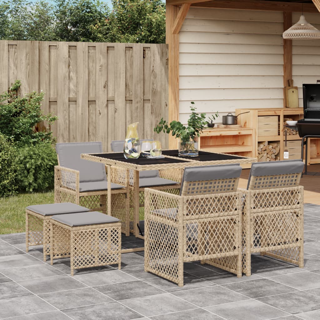 Spisebordssæt Til Haven 17 Dele Med Hynder Polyrattan - 8 / beige og grå / Glas