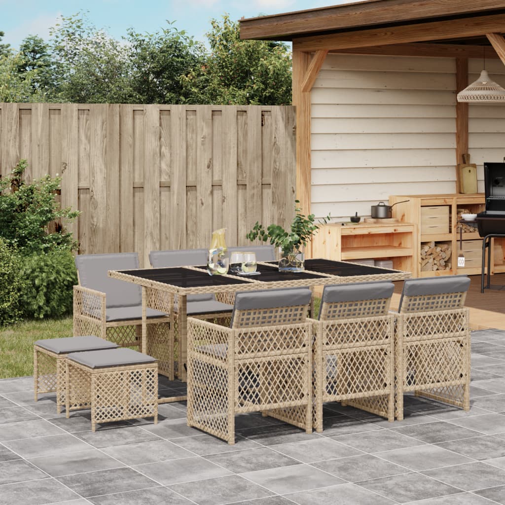 Spisebordssæt Til Haven 17 Dele Med Hynder Polyrattan - 10 / beige og grå / Glas
