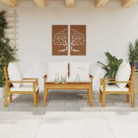 Loungesæt Til Haven 3 Dele Med Hynder Massivt Akacietræ – Brun og hvid / 2x chair bench table