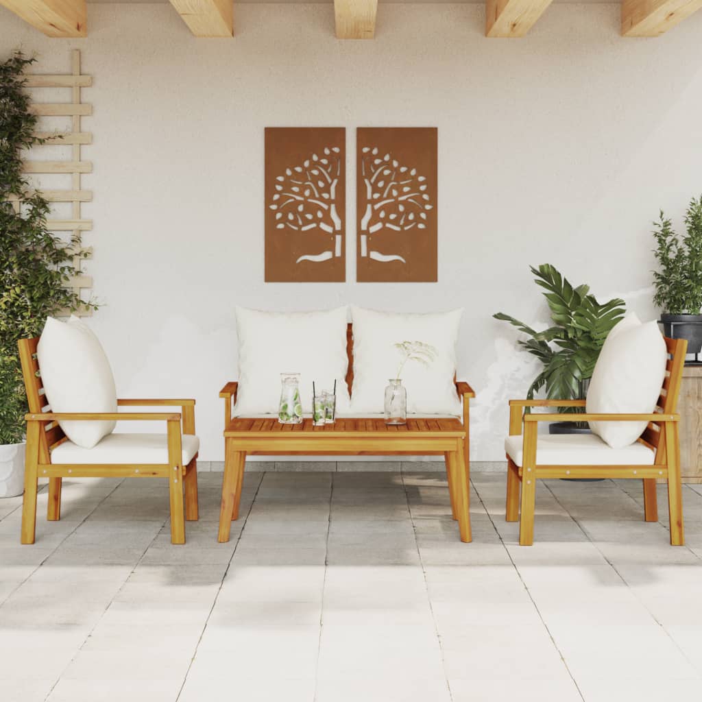 Loungesæt Til Haven 3 Dele Med Hynder Massivt Akacietræ - Brun og hvid / 2x chair bench table