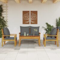 Loungesæt Til Haven 3 Dele Med Hynder Massivt Akacietræ – Brun og grå / 2x chair bench table