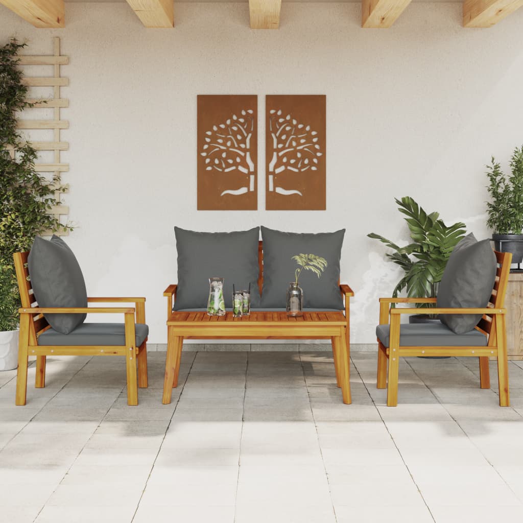 Loungesæt Til Haven 3 Dele Med Hynder Massivt Akacietræ - Brun og grå / 2x chair bench table