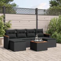 Havesofasæt 7 Dele Med Hynder Polyrattan – Sort / Med bord