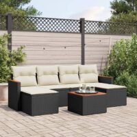 Havesofasæt 7 Dele Med Hynder Polyrattan – Sort og cremefarvet / Med bord