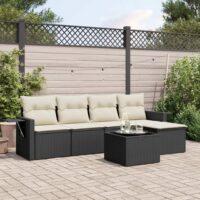 Sofasæt Til Haven 6 Dele Med Hynder Polyrattan – Sort og cremefarvet / Med bord