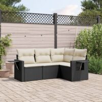 Sofasæt Til Haven 4 Dele Med Hynder Polyrattan – Sort og cremefarvet / Uden bord