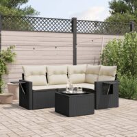 Sofasæt Til Haven 4 Dele Med Hynder Polyrattan – Sort og cremefarvet / Med bord