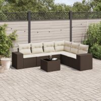 Sofasæt Til Haven 6 Dele Med Hynder Polyrattan – Brun og cremefarvet / Med bord