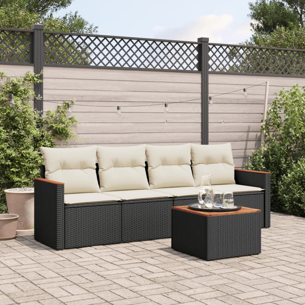 Sofasæt Til Haven 4 Dele Med Hynder Polyrattan - Sort og cremefarvet / Med bord
