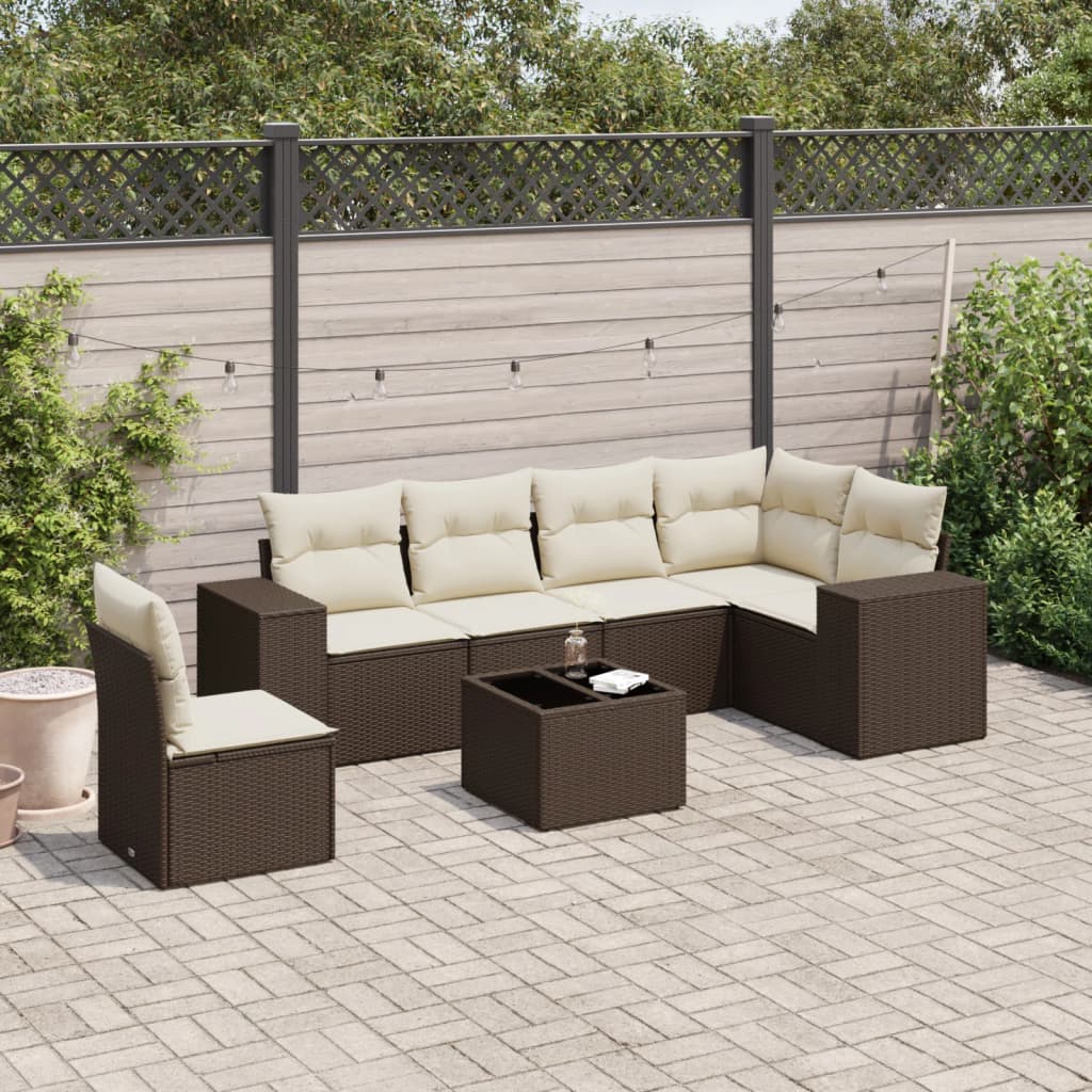 Sofasæt Til Haven 6 Dele Med Hynder Polyrattan - Brun og cremefarvet / Med bord