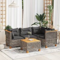 Sofasæt 5 Dele Med Hynder Polyrattan Grå – hulvævning / Med bord