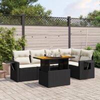 Sofasæt Til Haven 6 Dele Med Hynder Polyrattan – Sort og cremefarvet / 2X midterdel + 3x hjørnedel + bord
